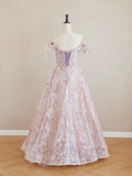 A Line Tulle Lace Flower Pink Beading Prom Dress