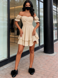 Green Wrap Layer Ruffle Short Sleeve Off Shoulder Mini Dress