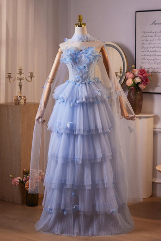 Blue Flower Layers Beading Butterfly Prom Dress