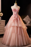 Pink Flower Strapless A Line Ruffles Prom Dress