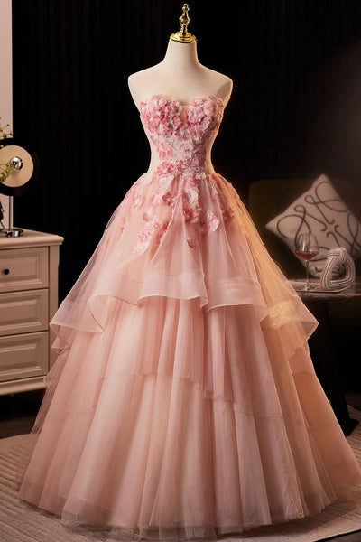 Pink Flower Strapless A Line Ruffles Prom Dress