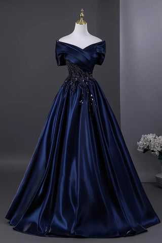 Navy Satin Beading Off the Shoulder A Line Prom Dress