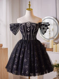 A-Line Off Shoulder Tulle Beads Black Homecoming Dress