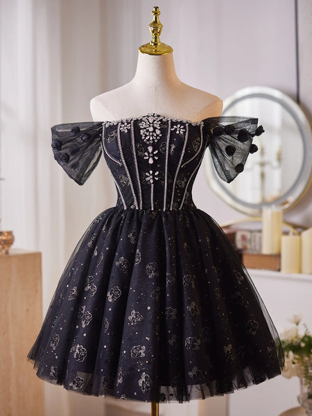 A-Line Off Shoulder Tulle Beads Black Homecoming Dress