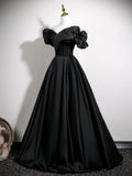 Off Shoulder Satin A Line Black Ruffles Prom Dress