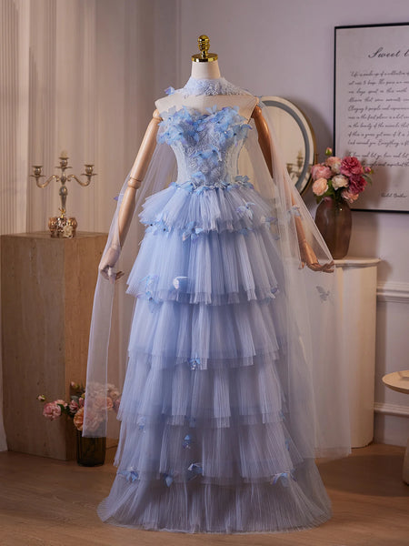 A-Line Tulle Flower Blue Strapless Prom Dress