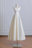 White Satin Tea Length Boat A Line Prom Dress