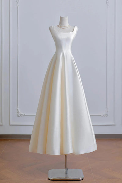 White Satin Tea Length Boat A Line Prom Dress