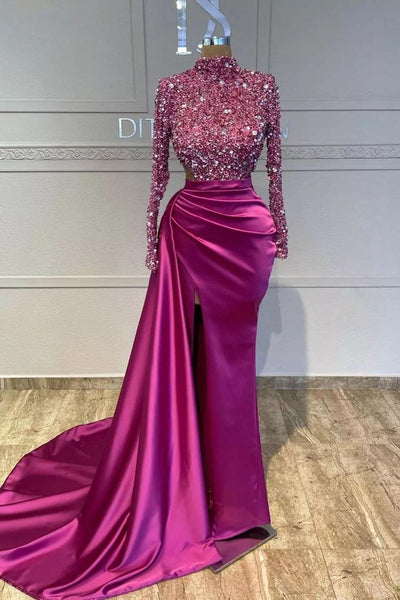 Sparkling Crystals Drapd Sequin Hot Pink Evening Dress