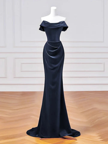 Mermaid Dark Blue Vevelt Off The Shoulder Ruched Prom Dress