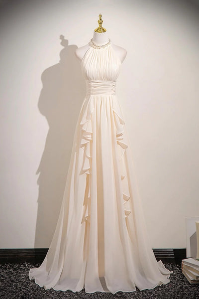 Champagne Chiffon Halter A-Line Long Prom Dress
