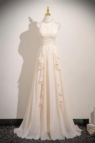 Champagne Chiffon Halter A-Line Long Prom Dress