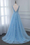 Lace Embroidery Sky Blue A Line Tulle Prom Dress