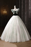 White Tulle & Green Pattern Ruffles Prom Dress