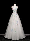 Long Sleeves Tulle White Floral A Line Prom Dress