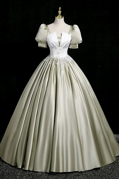 Short Sleeve Green Satin V Neck Prom Dress