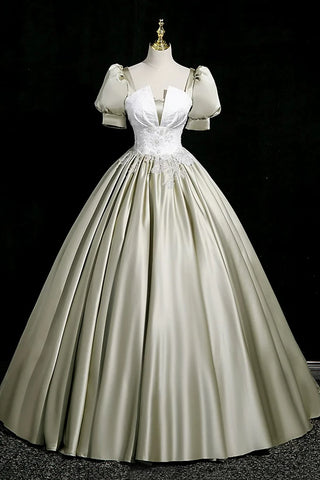 Short Sleeve Green Satin V Neck Prom Dress