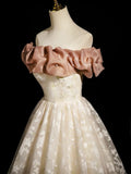 Off Shoulder Tulle Floral Champagne A Line  Prom Dress