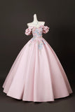 Pink Satin Lace A Line Off the Shoulder Appliques Prom Dress