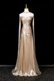 Champagne Mermaid Strapless Ruched Sweep Train Prom Dress