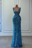 Plunging V-Neck Ocean Blue Sequin Mermaid Prom Dress
