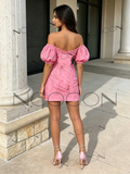Pink Lace Sheath Column Puffy Sleeve Homecoming Dress