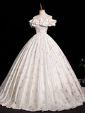 Off Shoulder Satin Light Champagne Print A Line Prom Dress