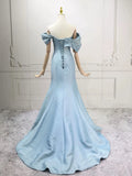 Mermaid Off Shoulder Satin Blue Ruched Prom Dress