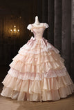 Vintage Pink Cascading Ruffles Lace Flower Prom Dress