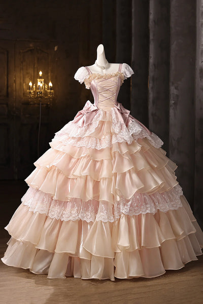 Vintage Pink Cascading Ruffles Lace Flower Prom Dress
