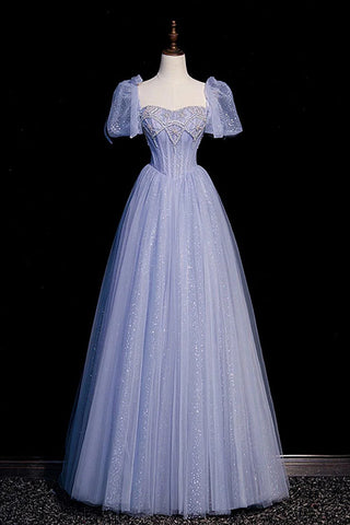 Sweetheart Tulle Puffy Sleeves A Line Blue Prom Dress