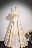 Champagne Satin Flowers Off the Shoulder A Line Prom Dress