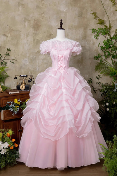 Pink Tulle Lace Ruffles Off The Shoulder Princess Prom Dress