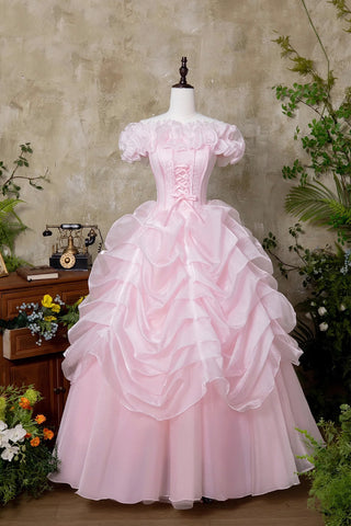 Pink Tulle Lace Ruffles Off The Shoulder Princess Prom Dress