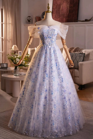 A Line Blue Flower Tulle Off the Shoulde Prom Dress