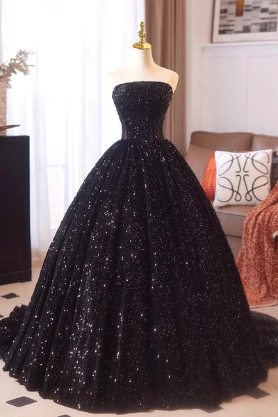 Spark Strapless Black Sequins A Line Prom Dress
