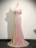 Off Shoulder Sequin Sparkle Mermaid Pink Prom Dress