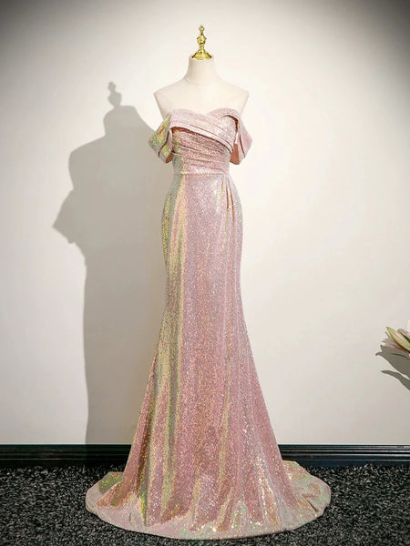Off Shoulder Sequin Sparkle Mermaid Pink Prom Dress