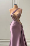 Dusty Lavender Appliques One Shoulder Satin Mermaid Prom Dress