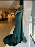 Crystal Emerald Green One Shoulder Satin Prom Dress with Slit