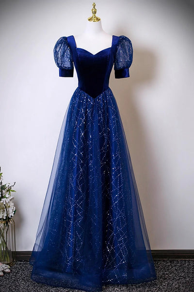 Blue Velvet & Tulle Sequin A Line Prom Dress