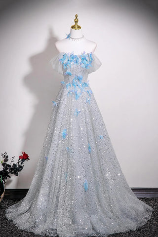 Silver Sequins & Blue Butterfly A Line Prom Dress