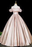 A-Line Off the Shoulder Pink Satin Flower Prom Dress