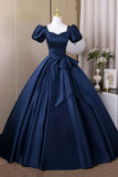 Navy Blue Satin Short Sleeve A Line Prom Dress