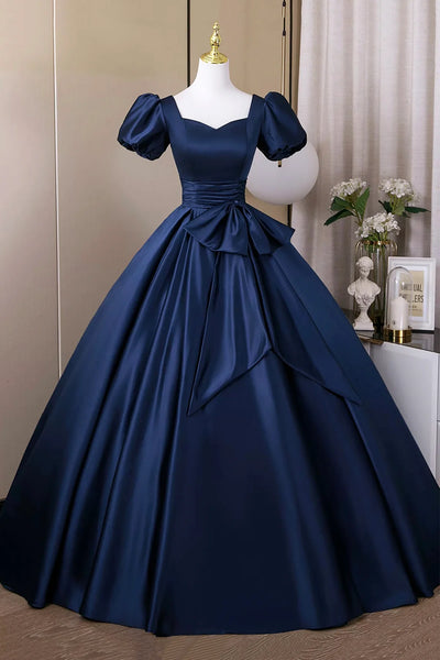 Navy Blue Satin Short Sleeve A Line Prom Dress