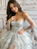 Strapless Silver Sparkle High Low Tulle Homecoming Dress