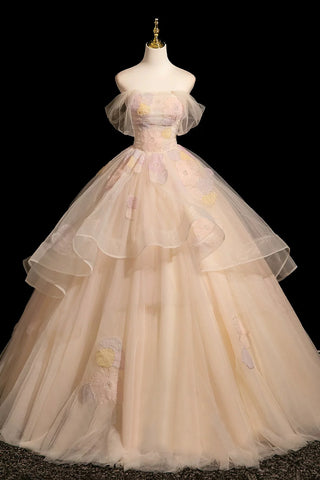 A Line Off the Shoulder Beading Flower Tulle Prom Dress