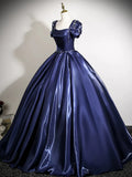 A-Line Puff Sleeves Dark Blue Satin Prom Dress