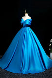 Ruffled Blue Satin Off The Shoulder Ball Gown Prom Dress