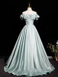 Off Shoulder Satin Light Green A Line Prom Dress